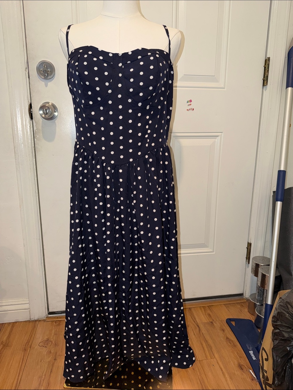 SHEIN Navy Blue Polka Dot Spaghetti Strap Maxi Dress